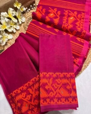 Bright Maroon Soft Body Plain Jamdani Sari With Blouse Piece