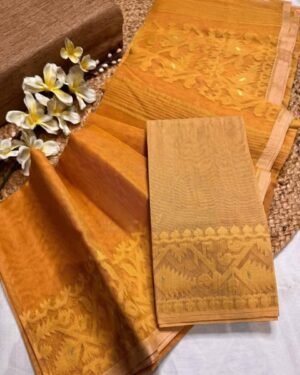 Dull Orange Soft Body Plain Jamdani Sari With Blouse Piece