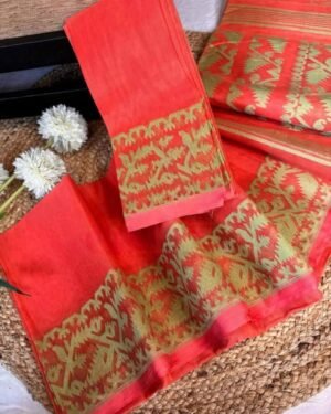 Light Red Soft Body Plain Jamdani Sari With Blouse Piece