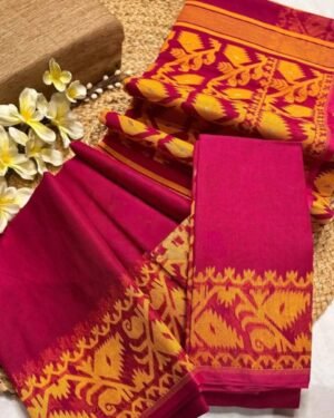 Rose Red Soft Body Plain Jamdani Sari With Blouse Piece