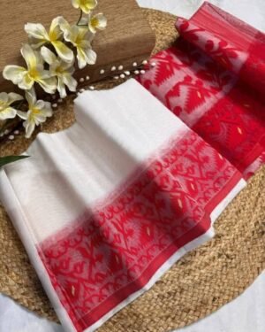 White Soft Body Plain Jamdani Sari With Blouse Piece