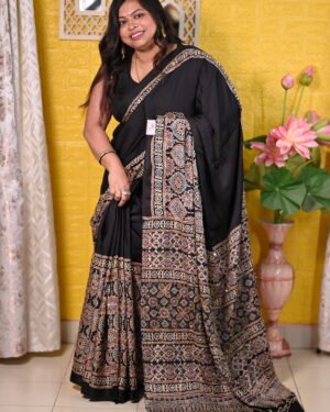 Modal Ajrakh With Kantha Work Saree