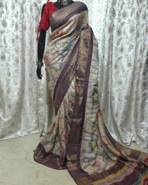 Hand Painted Pure Batik Tussar With Kantha