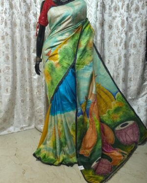 Hand Painted Pure Tussar With Kantha Stich