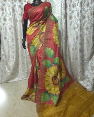 Hand Painted Zari Check Pure Tussar With Kantha Stich