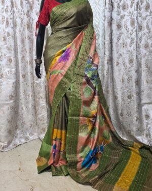 Hand Painted Pure Tussar With Kantha Stich